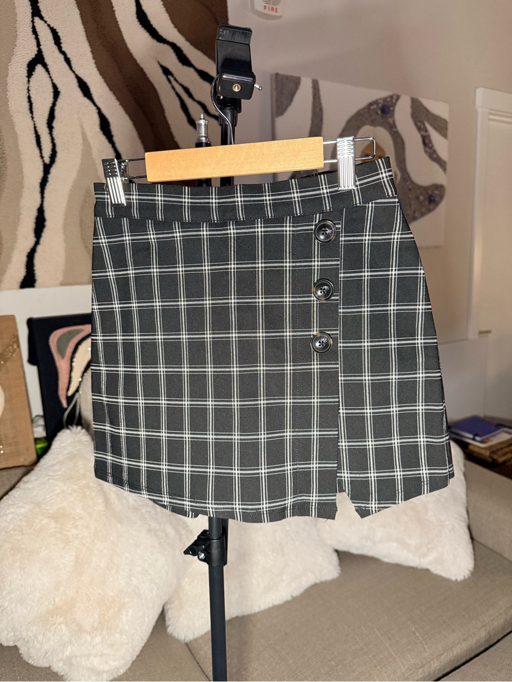 RSQ Black and White Plaid Side-Button Mini Skirt